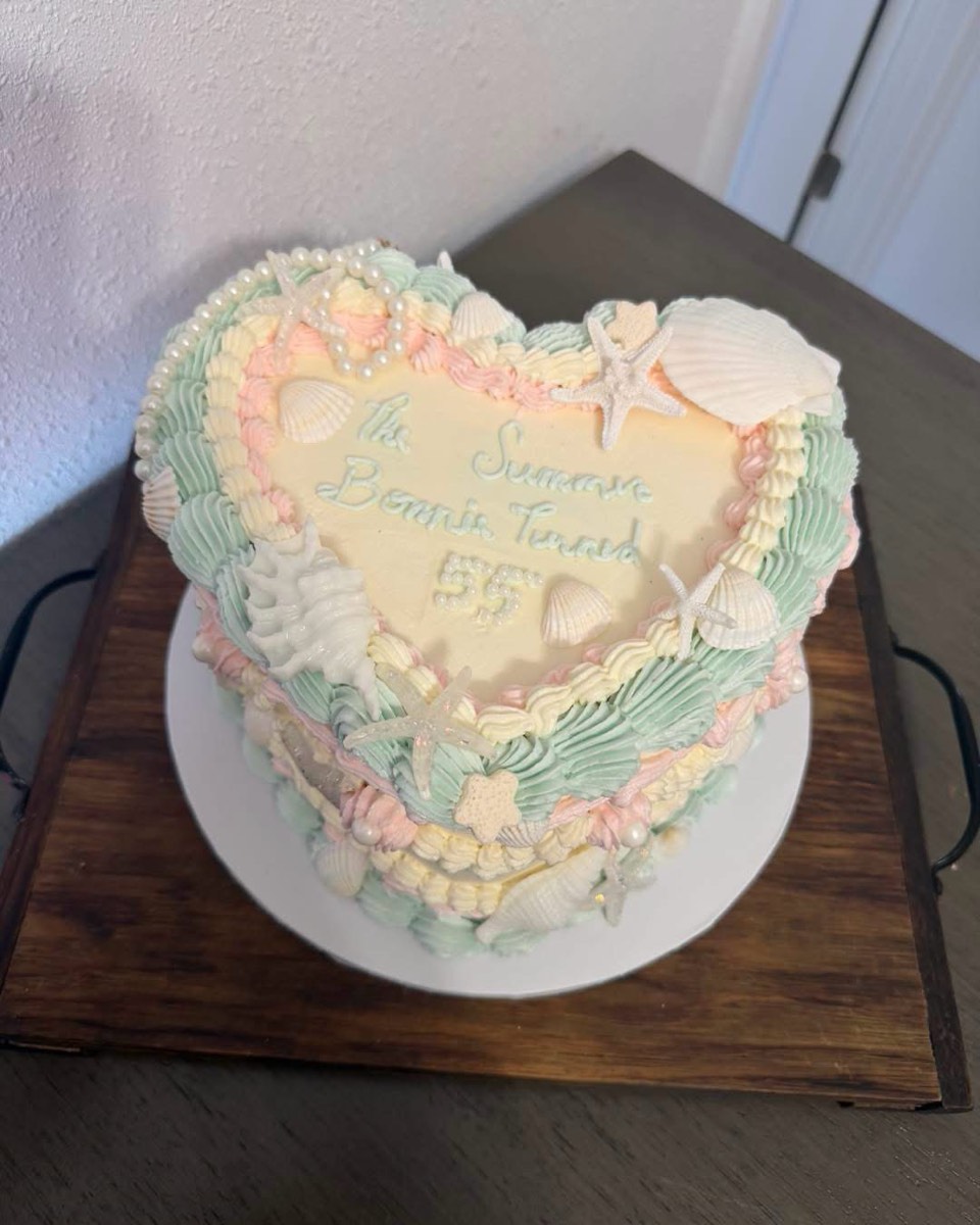A heart-shaped cake piped in pastel green, pink and yellow with sugar shells and pearls